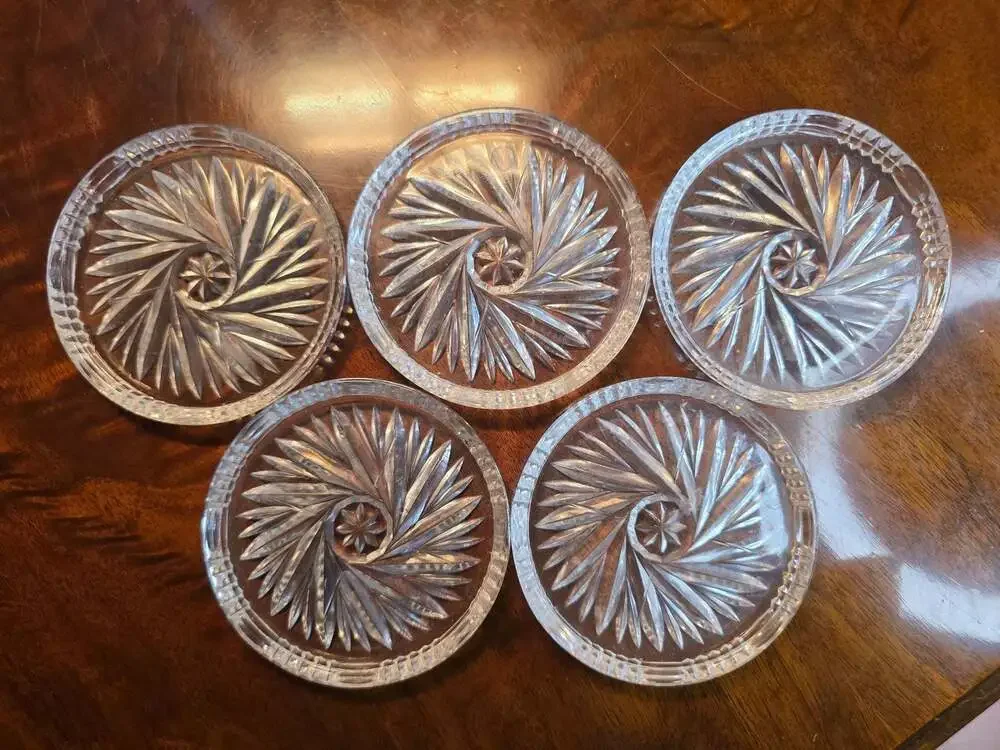 Set of 5 Vintage Annahütte Pinwheel Star Pattern Lead Crystal Coasters
